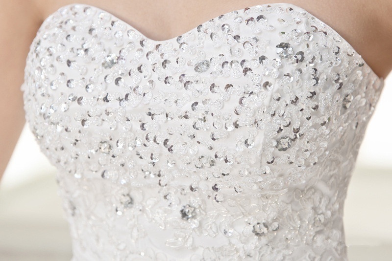 Women Ruched Sequined Lace Up White Big Swing Wedding Dresses - Image 5