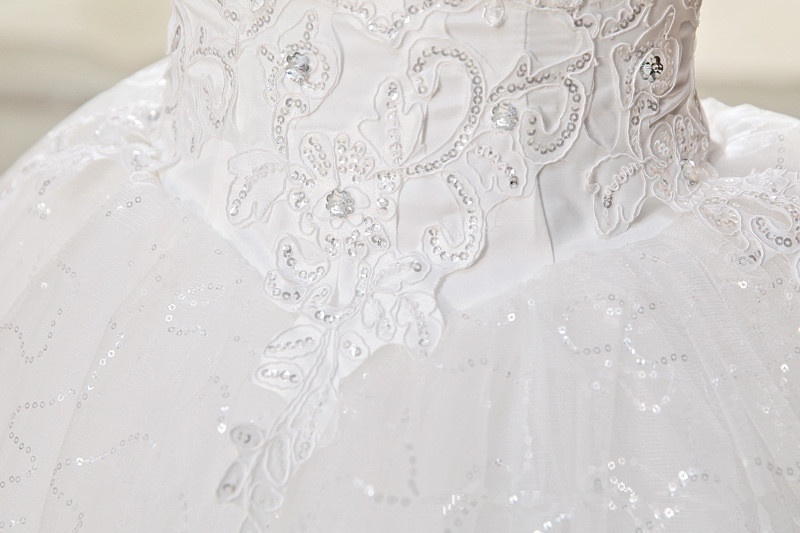 Women Ruched Sequined Lace Up White Big Swing Wedding Dresses - Image 6