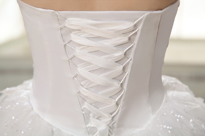 Women Ruched Sequined Lace Up White Big Swing Wedding Dresses - Image 7