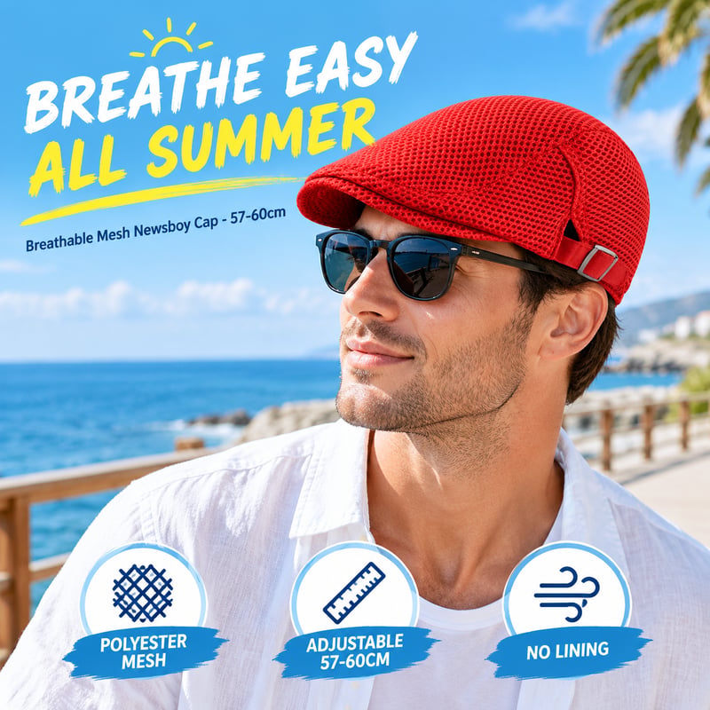 Men Breathable mesh Summer hat Adjustable Newsboy Beret Ivy Cap Cabbie Flat Cap(One size)