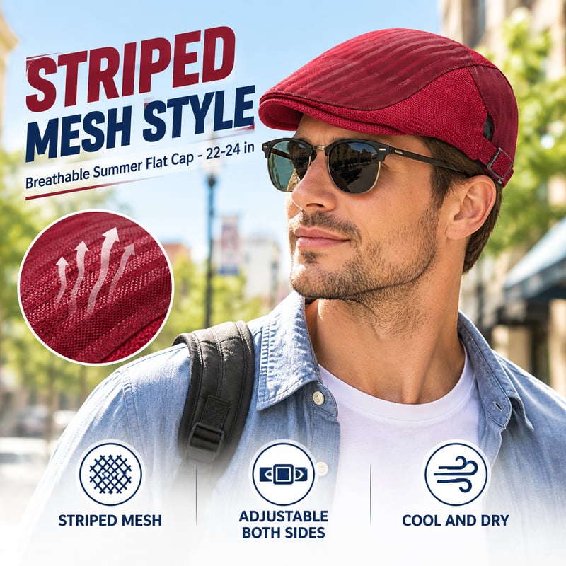 Men Striped Mesh Flat Cap Adjustable Breathable Summer Newsboy Hat Beret Cabbie Ivy Hat Gatsby Newsboy Hat for Driving Hunting Cap