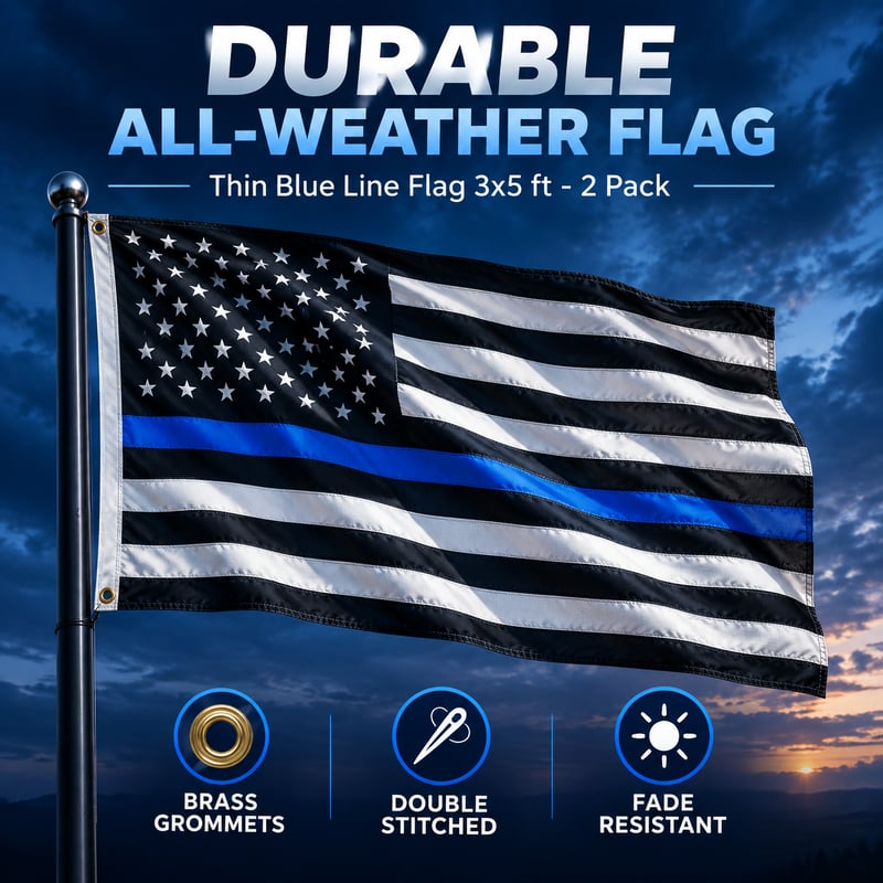 2 Pack Thin Blue Line Flag 3x5 Ft: Durable  Police Flag with Stars and Brass Grommets - Proud To Be A Law Enforcement Officer
