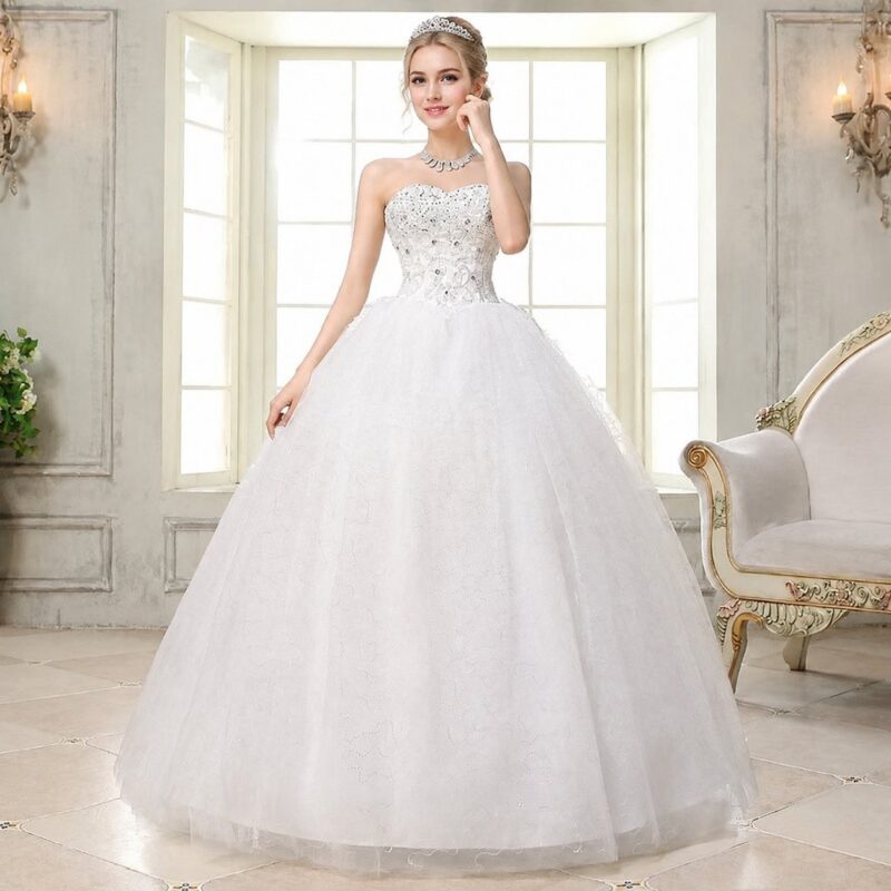 Women Ruched Sequined Lace Up White Big Swing Wedding Dresses