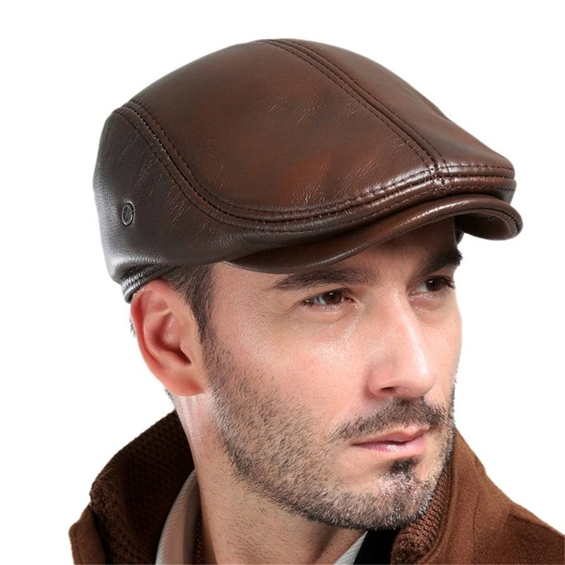 Men's Real Leather Cowhide Leather Beret Hunting Cap Beanie Trucker Leather Cap Mens Sports Hat