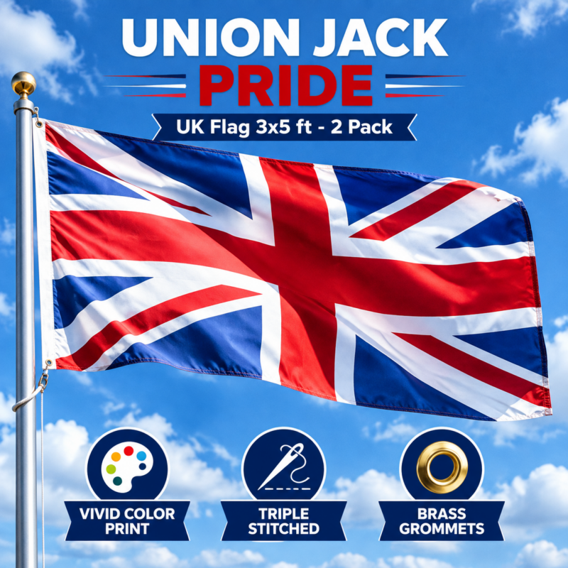 2pack United Kingdom Flag 3x5 FT,UK Flags Durable Union Jack Flag , Canvas Header & Brass Grommets, Vivid Color Print, Triple Stitching, High-Grade Outdoor Nylon Flags for All-Weather