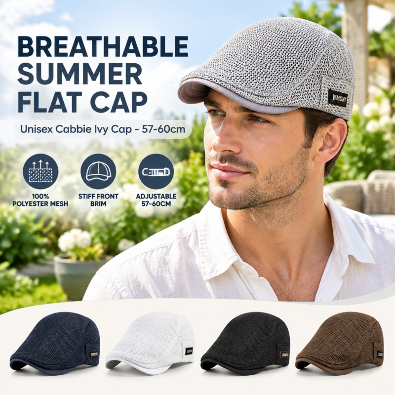 Unisex Cabbie Flat Cap Breathable Summer Mesh Hat Adjustable Newsboy Beret Ivy Cap