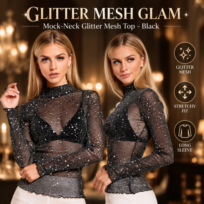 Women Fashion Mock Neck Letter Hem Glitter Mesh Top Sexy Black Mesh See-through Blouse T - Shirt