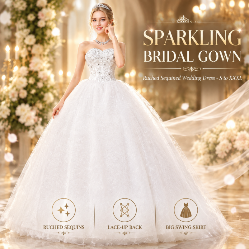 Women Ruched Sequined Lace Up White Big Swing Wedding Dresses