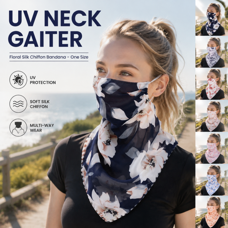 Women UV Neck Gaiter Seamless Adjustable Dust Face Scarf Bandana Silk Chiffon Floral