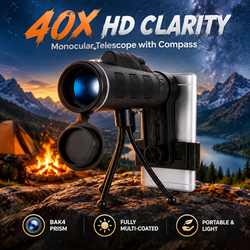 40X60 HD Monocular Telescope with Compass, BAK4 Prisms and Fully Multi-Coated FMC Mini HD Monocular Scope with Tripod/Phone Clip/Strap/Clean Cloth for Stargazing, Bird Watching, Hiking and Sports