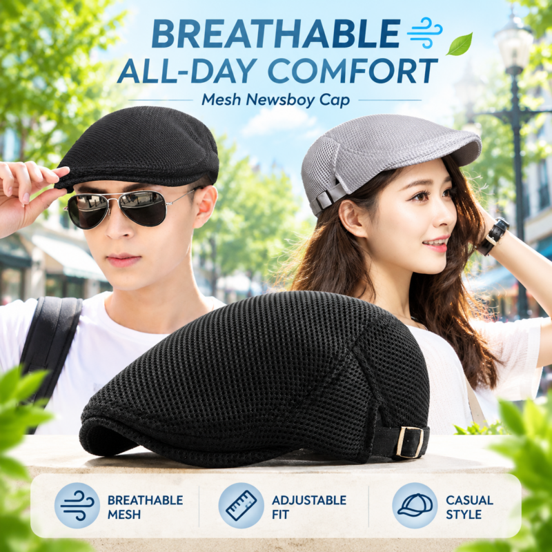 Adjustable Breathable Mesh Hat  Newsboy Beret Ivy Cap Cabbie Flat Cap