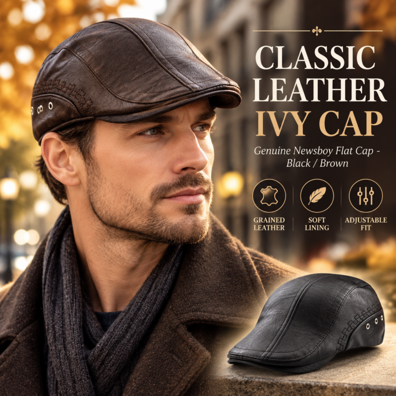 Beret Golf Cap Mens Vintage Newsboy Peaked Hats PU Leather Cap
