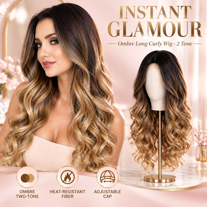 Brown Ombre Wigs Long Curly Side Part Wig 2 Tone  Wavy Wigs for Women Synthetic Heat Resistant Party Wigs Natural Looking