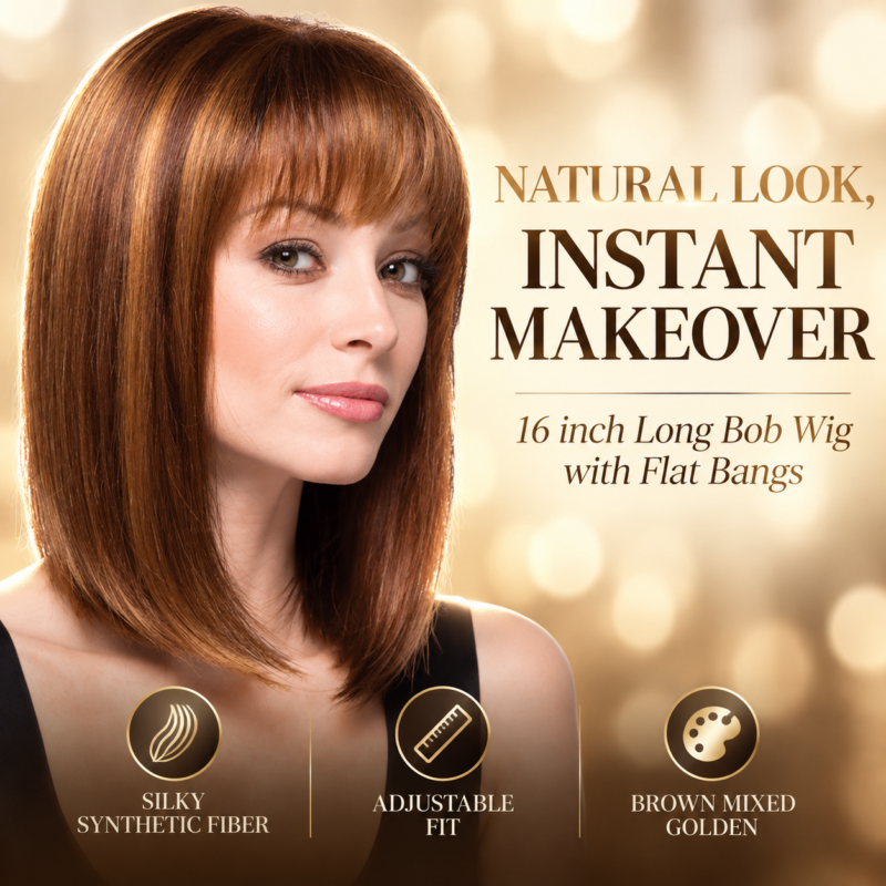 16" 40 cm Women's Long Bob Flat Bang Full Hair Wig Brown Mixed Golden