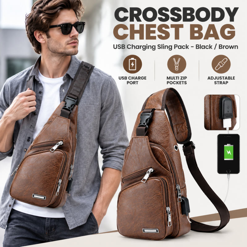 Fashion Men's  Leather Bag Chest Pack Crossbody Bags Messenger Bags Vintage Travel Bag  Casual Outdoor Shoulder Bags
