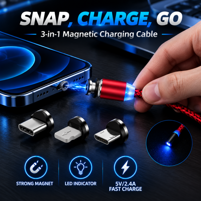 LED Magnetic Charger Cable Mobile Phone  Cable  Smart Fast Charging USB Cord Cable for Type-C/Micro/Lightning