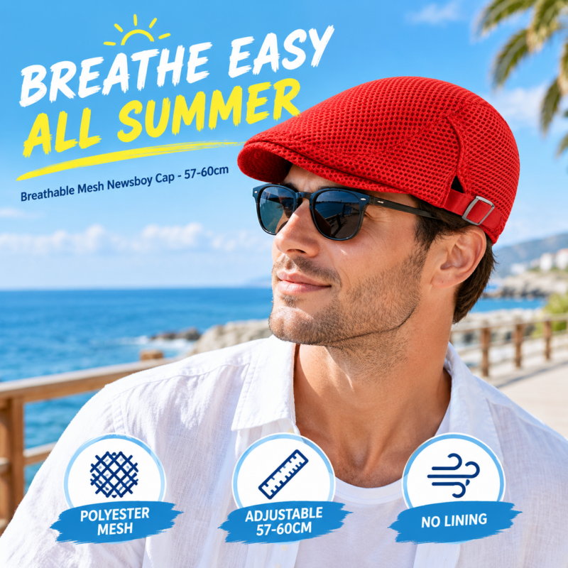 Men Breathable mesh Summer hat Adjustable Newsboy Beret Ivy Cap Cabbie Flat Cap(One size)