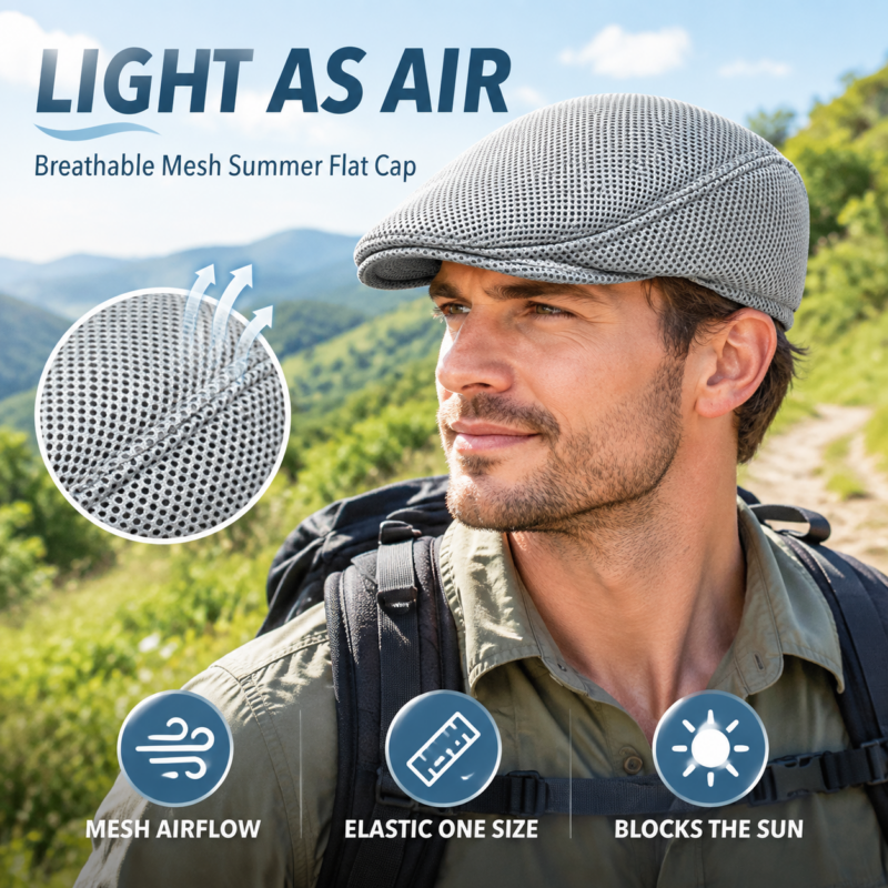 Men Mesh Flat Cap Breathable Summer Newsboy Hat Beret Cabbie Ivy Hat Gatsby Newsboy Hat for Driving Hunting Cap