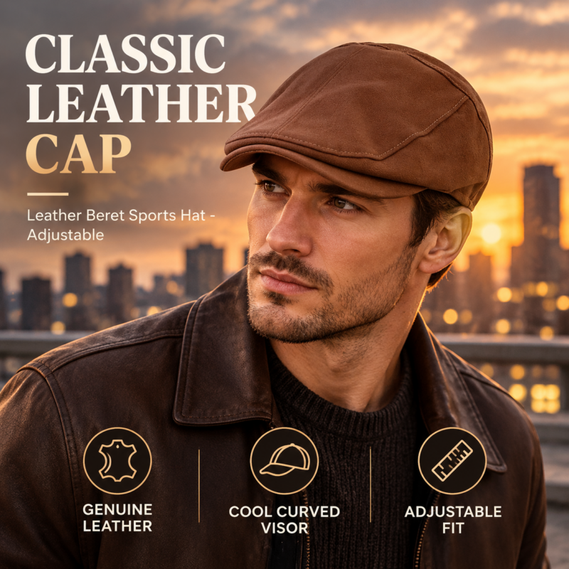Men's Leather Beret Hunting Cap Sports Hat Beanie Trucker Leather Cap