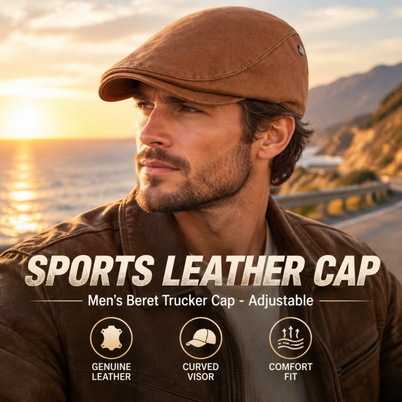 Men's Leather Sports Hat Leather Beret Hunting Cap Beanie Trucker Leather Cap Mens