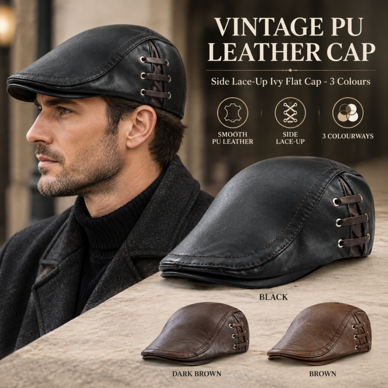 Men's Vintage Newsboy Cap PU Leather IVY Flat Gatsby Hat Winter Golf Driving Hats Beret Caps