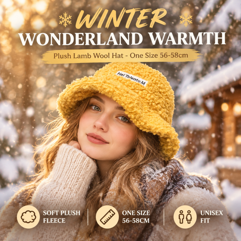 Solid Color Warm Plush Thicken Hiking Caps Lamb Wool Hat Basin Hat Unisex Fisherman Hat  (56-58cm)
