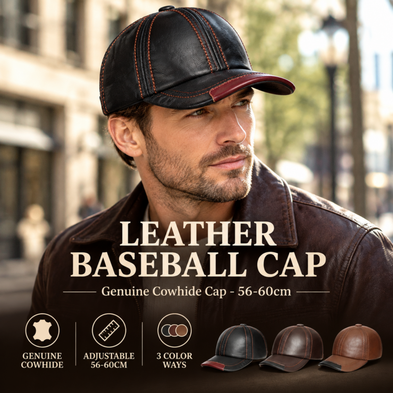 Spring 100% Genuine Leather Black Adjustable Baseball Caps For Men